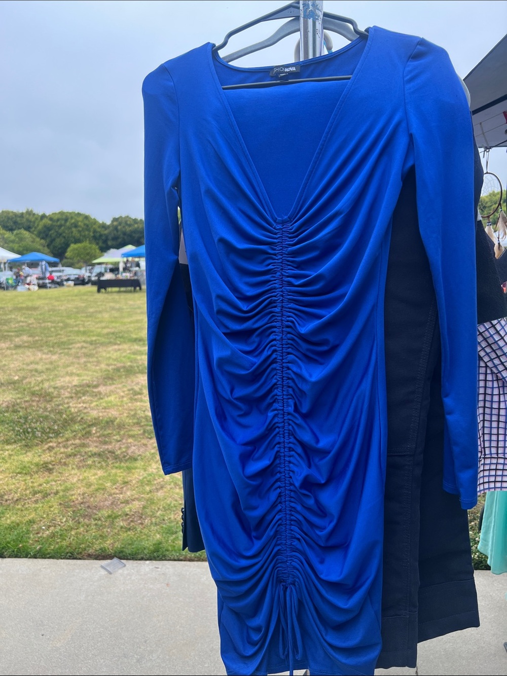 Fashion Nova Royal Blue Ruched V-Neck Long Sleeve Dress